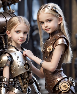 little_girl 10-year-old, slim body, (masterpiece, best quality, highres:1.3), (2 girls:1.3), (using tools), extremely realistic human face, shy smile, full body, steampunk dress, girl using machine to build cyborg sister, half constructed cyborg, cyborg in pieces, cyborg in progress, cyborg missing arm, machine, blonde hair,steampunk style