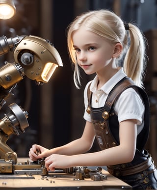 little_girl 10-year-old, slim body, (masterpiece, best quality, highres:1.3), (1 girl:1.3), (using tools), (building machine), extremely realistic human face, shy smile, full body, cyborg girl, work table, cyborg girl using tools to build machine, subdued lighting, blonde hair,steampunk style