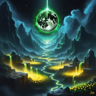 Text that reads
 “Enlightened, seal the will of the heavens. Engrave the dark days. All life doesn’t know the true dao. The bitter abyss forever distorts the true dao. Await the path of cultivation…!”
in yellow, black,metallic,white, green, neon, sparkles,smoke,planet
,Cultivation,photo r3al,scenery