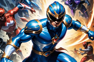 ((blue Powerranger, Alex Ross style comic ,)) (( playing dungeons and dragons)) (Masterpiece, Best quality), (finely detailed eyes and detailed face), (Extremely detailed CG, intricate detailed, Best shadow), conceptual illustration, (illustration), (extremely fine and detailed), (Perfect details), (Depth of field),more detail XL,action shot