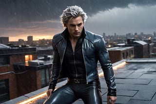 Quicksilver from X-Men running on a rooftop, lightning aura, Dark and gritty, rainy, nighttime, muted colors, dark tones, cinematic, highly detailed, ultra-realistic, digital art, extreme detail, trending an deviant art, by David Finch