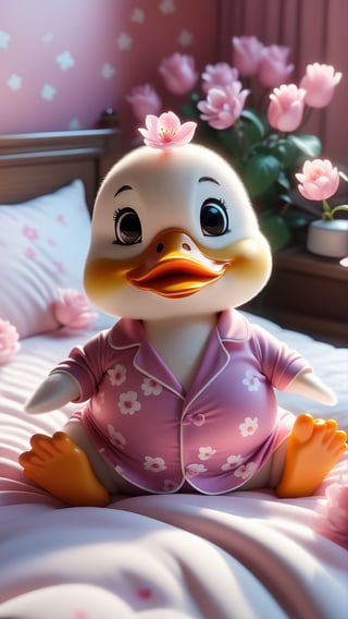 Pixar and Disney animation movie scene style, render style anime style, plum blooming, Cute chubby duck wearing pink and white pyjama, lying on bed, Serene, Art Hoe, Detailed Painting, adorable and lovely, smile and happy, 😊 GoPro view, Blender rendering, Sharp, 