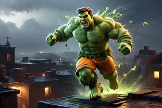 ((Fred Flintstone)), as Hulk, running over a rooftop, the ground breaks because of his stomping, screaming, rainy, nighttime, cinematic lighting, highly detailed, ultra-realistic, digital art, extreme detail, trending an deviant art, by David Finch, full body shot,DonM3l3m3nt4lXL,more detail XL