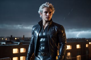 Quicksilver from X-Men standing on a rooftop, lightning aura, Dark and gritty, rainy, nighttime, muted colors, dark tones, cinematic, highly detailed, ultra-realistic, rendered with photorealism and extreme detail.