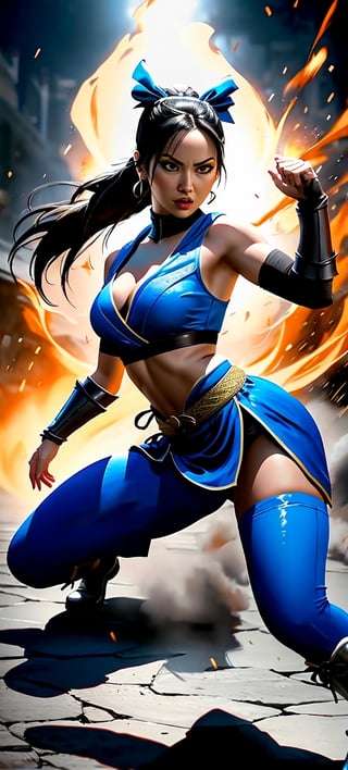 Kitana from Mortal Kombat, battle pose, high quality, digital art, by david finch, cinematic lighting