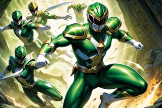 ((full body image of the green Powerranger, Alex Ross style comic ,)) (( playing dungeons and dragons)) (Masterpiece, Best quality), (finely detailed eyes), (finely detailed eyes and detailed face), (Extremely detailed CG, intricate detailed, Best shadow), conceptual illustration, (illustration), (extremely fine and detailed), (Perfect details), (Depth of field),more detail XL,action shot