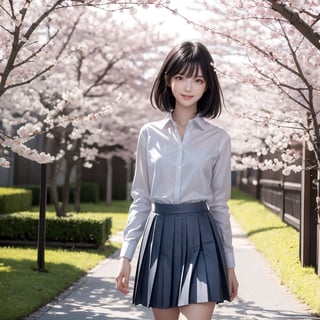 Fractal art that is mesmerizing and visually stunning. Official art, masterpiece. 4K high resolution rendering. One Japanese girl. 17 years old. Black hair (straight, mid-length, bangs). Black eyes. Low stature, small breasts.
Japanese high school girls. School uniform (white collared shirt, gray pleated skirt). She is walking down a tree-lined avenue of cherry trees in full bloom. She has a kind smile. Solo. Cowboy_shot.