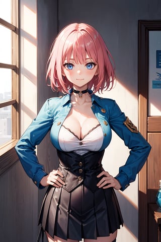 Room, Window, castle (Ultra Detailed), Masterpiece, Breasts, Best Quality, Aesthetic, Detailed, Solo, Soft Smile, Light Smile, 1 Girl, Deep blue eyes, (short hair), (pink hair), Bangs , sensual, huge breasts, shaped chest, 1 girl, different poses, blush, (perfect hands), (perfect fingers), (free pose), (arms on hip), (hands on hip), hand on chest, (slender), march_7th_starrail, bra strap, blue skirt, blue jacket, black corset, black choker, miniskirt, long sleeves, jacket, gradient jacket, dress shirt, shirt, pleated skirt, pink jacket, Upper part of the body