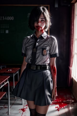 horror, professional photography, 1girl, 17yo, black eyes, black hair, sm4c3w3k, wearing short sleeve shirt and pencil skirt, white fabric, grey fabric, short hair with asymmetric bangs, belt, pocket, ((thigh-high white socks)) , black shoes,highly detailed, bokeh, 8k, highly detailed, intricate shadow, volumetric lighting, classroom, photorealistic,realistic, cinematic camera, cinematic light,  (blood_red:1.5), right hand use holding a knife, left hand use mobile_phone, horror (theme), midnight 