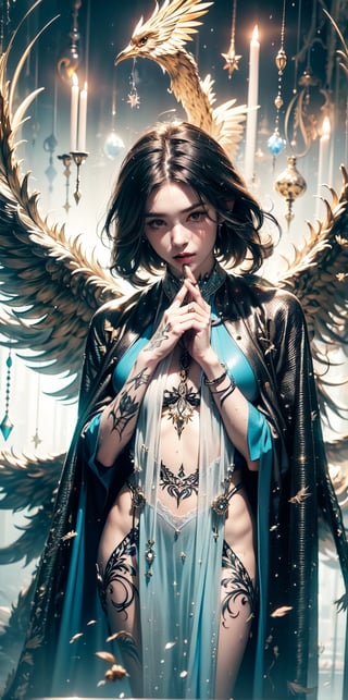 goddess, pattern cloak, patterned chiffon robe,(phoenix pattern tattoos),windy,wet_clothes,wet hair,white background,Dreamy clouds,spit a blue pentagram light,crystal and silver entanglement