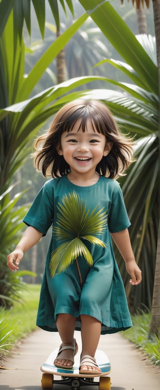 Prompt: hyper realistic, photo realistic, image of a four-year-old girl child, wearing frock, innocent looks laughing and enjoying the thrill , smile, dimple on her cheeks, sitting on one dried sheath piece of the areca palm leaf made like a flat skateboard  an 8-year-old boy wearing shirt and trousers is dragging the sheath holding together the dried leaves of the areca palm tree on the other end , laughing through the middle of a lush green paddy field in the landscape of (as per use), happiness, fun, nostalgia.