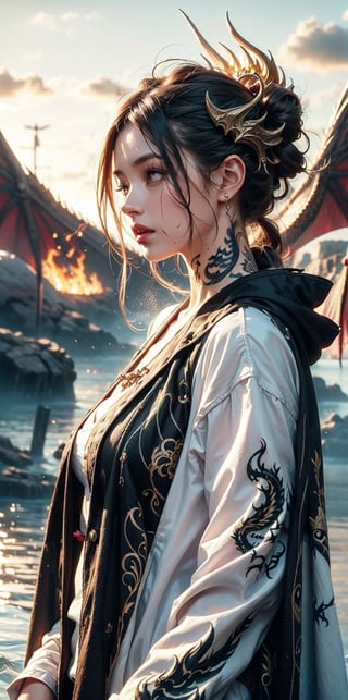 goddess, pattern cloak, patterned robe,(dragon pattern tattoos),windy,wet_clothes,wet hair,white background,Dreamy clouds,spit fire