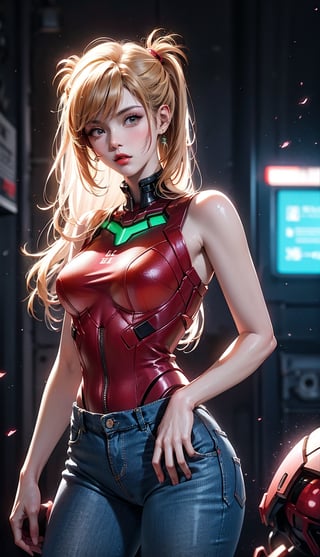 Highly detailed RAW color Photo of Samus, Metroid, wearing tanktop, jeans, in city, (anime style), (highly detailed, hyperdetailed, intricate), particle effects, raytracing, cinematic lighting, shallow depth of field, intricate_detail, realistic, detailed_background, (8k, RAW photo, best quality, masterpiece:1.2), detailed background, 8k uhd, dslr,samus aran