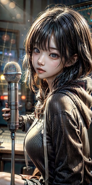 cute korean large-eyed girl, steampunk style, 
dynamic angle, mic, indoors, from side,  (karaoke:1.4), karaoke room, sofa, sitting, amazinig, great, action shot, hoodie jacket, school uniform, hair between eyes, hairpin, 
masterpiece, best Quality, Tyndall effect, good composition, highly details, warm soft light, three-dimensional lighting, volume lighting, Film lighting, cinematic lighting,davincitech