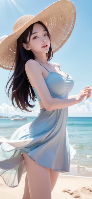 ((score_9, score_8_up)), (Anime, Pastel color, Perfect anatomy, Perfect body, Perfect face, Intricate details, Cinematic lighting, 32k), (Vibrant color accuracy), On a sunlit summer afternoon, a carefree woman in a flowing sundress and wide-brimmed hat exudes joy as she dances barefoot on the sandy beach.