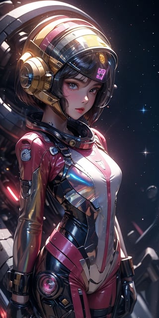 a girl, thunder yellow jacket, tight suit,Space helm of the 1960s,and the anime series G Force of the 1980s,Darf Punk wlop glossy skin, ultrarealistic sweet girl, space helm 60s, holographic, holographic texture, the style of wlop, space, 