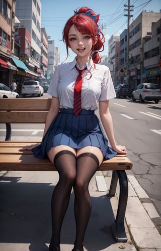 masterpiece, best quality, absurdres, LisesharteAtismata, ponytail, hair ribbon, school uniform, red necktie, white shirt, blue skirt, black thighhighs, sitting, outdoors, bench, smile, :d, ,cyberpunk