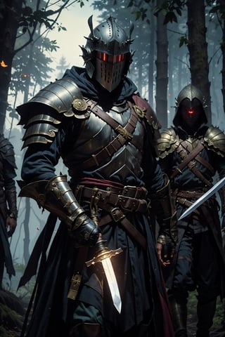 weapon,sword,armor,holding,2boys,glowing,holding weapon,holding sword,multiple boys,cape,forest,nature,dagger,gauntlets,glowing eyes,knight,sheath,tree,knife,full armor,male focus,night,shoulder armor,petals,helmet,outdoors,fantasy,belt,ws7,Best quality,masterpiece,ultra high res,lora:ws7:0.7,