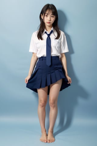 girl, 18yo,japanese,
without makeup,
 (blue background:1.2), portrait,studio lighting,
barefoot,Hair,school uniform,
white collor shirts, short sleeve, navy nit tie, navy
color skirt,