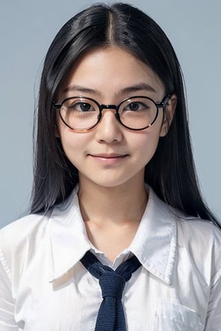 japanese, 14yo, little smile, chubby face,
(round face:1.6),
small eyes,
(black wayfarer glasses:1.3),
without makeup,
school uniform