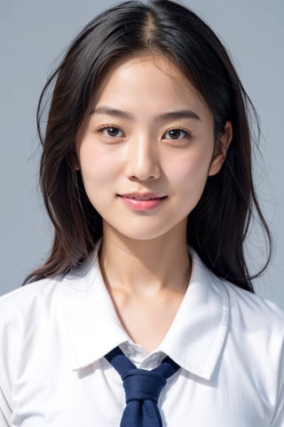 girl,16yo,japanese, (front view:1.4),Front-facing,Upper Body,id picture, light smile, without makeup, (blue background:1.2), (oily skin:1.2), school uniform,
Long sleeve, white shirt, navy nit tie,
(round face:1.5), baby face, 
(curly hair:1.2),
(smile, teeth:1.1),