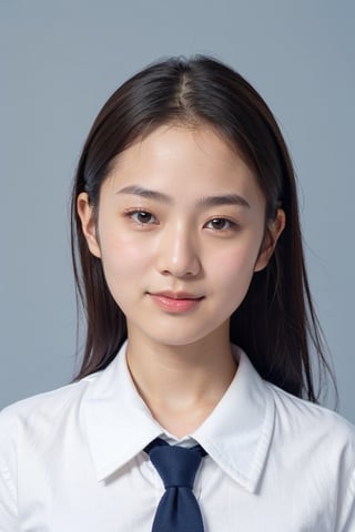 girl,18yo,japanese, (front view:1.4),Front-facing,Upper Body,id picture, light smile, without makeup, (blue background:1.2), (oily skin:1.2), school uniform,
Long sleeve, white shirt, navy nit tie