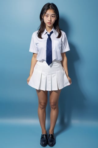girl, 18yo,japanese,
without makeup,
 (blue background:1.2), portrait,studio lighting,
,Hair,school uniform,
white collor shirts, short sleeve, navy nit tie, 