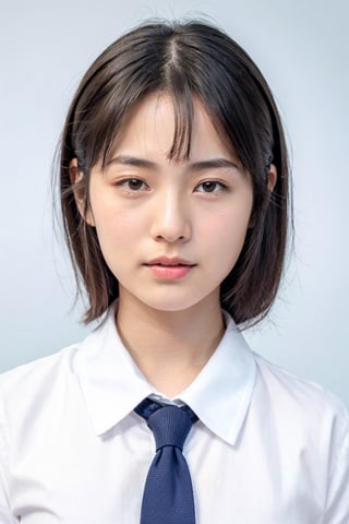 (8k, RAW photo, best quality, masterpiece:1.2), High detail RAW color photo, professional photograph, (realistic, photo realistic:1.3),(flat background,blue background),
1 japanese woman , (solo : 2.5), 18yo,school girl ,
ID photo,passport photo,graduation photo,japanese,no makeup,frontal face,front face ,(front view:1.5),
Schoolgirl uniform,Long sleeve, white plain shirt, navy nit tie,
short-hair ,