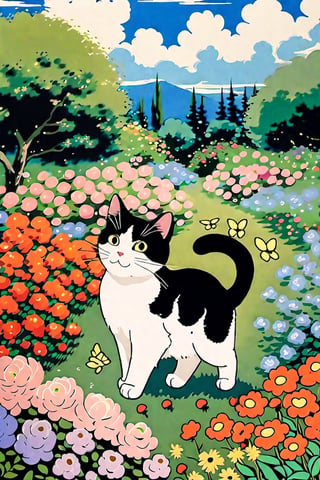 cats chasing butterflies, cute, anime ghibli studio style, by Isao Takahata and Hayao Miyazaki, garden, flowers, aw0k cat