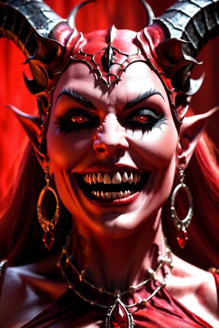 a succubus, red skin, evil laughter, insane, madness, bodacious, hot, seductive, plump, portrait, half body portrait, detailed face, masterpiece, scenic, eye pleasing, beauty, photograph style, realistic ,Extremely Realistic