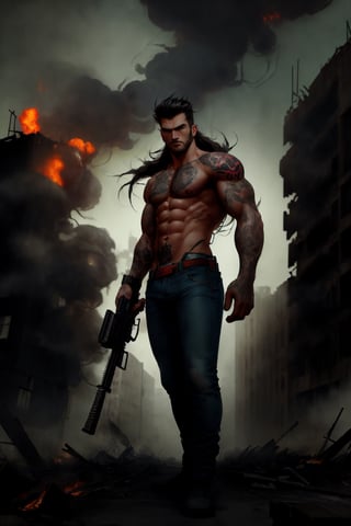 dashing man, long hair, well built, bare chested, wearing jeans, his body is tattooed, holding an AK47 weapon, he is standing in the ruins of a destroyed building, his body is a little dirty and full of blood spots, destroyed city background, gloomy city, full of smoke from burning buildings, high quality, HD cinematography,