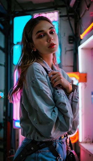 Girl posing solo under neon lights, stylish, contemporary, chic, trendy, self-assured, DSLR camera, prime lens, evening, fashion editorial shoot, color film, medium realism, dramatic neon lighting,gh3a,ch3ls3a,b3rli,lun4