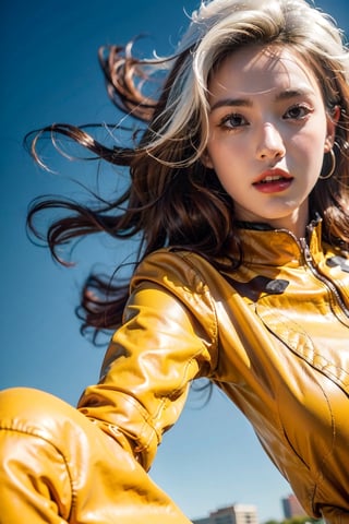 1girl, long hair, curlu hair, red and white hair, breasts, green eyes, lipstick, makeup, lips, white hair, two-tone hair,black headband:1.4,
yellow bodysuit,jacket,green jacket, gloves,belt,yellow gloves,green bodysuit, bodysuit, multicolored bodysuit,superhero, skin tight,multicolored clothes, rogue, long boots, 80s look, heels,  happy, floating debris,  natual light, realistic:1.4, floating in the hair, blue sky, 
skyscraper, floating, flying, close-up, portrait, 
,CARTOON_X_MENs_Rogue