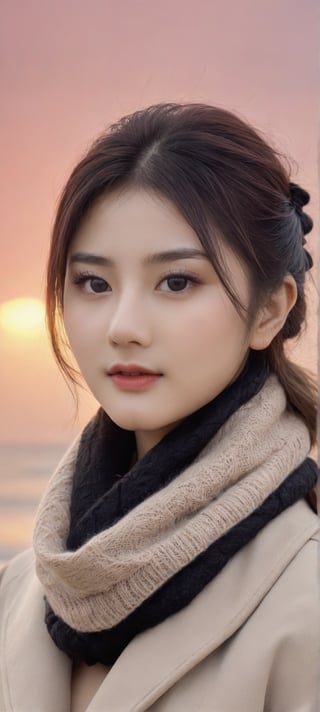8K, 超High resolution, highest quality, masterpiece, Surreal, photograph,Three-part method, 1 girl, (16 years old:1.3), pretty girl, Cute face, Beautiful eyes in every detail,Japan Female Announcer,(wearing a long winter coat and scarf、Close-up of thin black two-sided updo:1.5)、(The girl turns around with a very sad look on her face, Her hair fluttering in the wind on the winter beach:1.5)、(Blurred Background:1.5)、(red sky at sunset:1.5)、(Perfect Anatomy:1.5)、(Complete Hand:1.3)、(Full Finger:1.3)、Photorealistic、Photograph、Tabletop、highest quality、High resolution、Delicate and beautiful、Perfect Face、Beautiful fine details、Fair skin、Real human skin、((Thin legs))、Bold Pose,super cute super model、Please look closely at the camera 、Vivid details、detailed、Surreal、Light and shadow,Strong light,Fashion magazine cover,Thin lips,gh3a