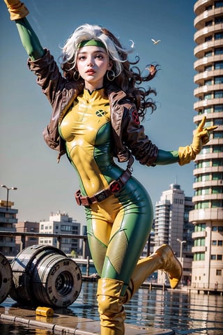 1girl,long hair,curlu hair, red and white hair, breasts, green eyes,lipstick,makeup,lips,white hair,two-tone hair,black headband:1.4,
yellow bodysuit,jacket,green jacket, gloves,belt,yellow gloves,green bodysuit, bodysuit, multicolored bodysuit,superhero, skin tight,multicolored clothes, rogue, long boots, 80s look, heels,  happy, floating debris,  natual light, realistic:1.4, floating in the hair, blue sky, 
skyscraper, floating, flying, portrait, 
