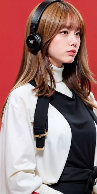 1girl, solo, long hair, looking at viewer, bangs, short golden hair, hair ornament, closed mouth, upper body, hair flower, sexy hiphop clothes, red background, black eyes, lips, sash, realistic, wearing headphones,s4str0,chines,Fuj1,sks woman,Elizabeth olsen ,blackwidow