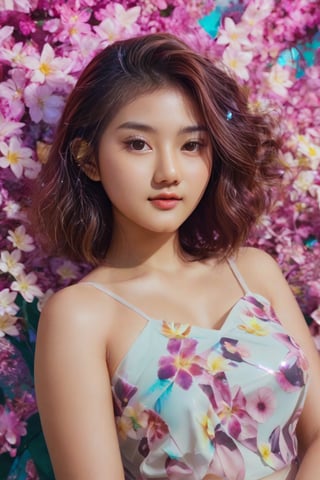In a stunning portrait, September Ai, a HONG KONG Girl with brown skin and short messy hair, lies from the front point pose, exuding high fashion elegance. Against a flowing neon-holographic floral background, iridescent vaporwave effects dance around her. The overall composition is fluid, with delicate flowers swirling behind her. A realistic illustration of this beauty, featuring long blonde hair, is reminiscent of Flat vector art. score_9, score_8_up, score_7_up, score_6_up,School_girl,gh3a,ZeeJKT48,tiar4