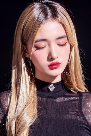 1girl, solo, long hair, blonde hair, simple background, closed eyes, upper body, lips, black background, red lips,frey4,maw4r