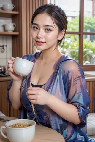 a beautiful indonesian girl, 24 years old, ((messy bun ginger short hair)), ombre_lips, (symmetric blue eyes), (perfect fingers), natural_breast,
BREAK,
Wearing (((White Night Gown))), (((No_Bra))),
BREAK,
Enjoying a casual breakfast of Indomie noodles on a peaceful morning, The scene is set in a cozy, sunlit kitchen with warm, inviting tones,
BREAK,
Sits comfortably at a wooden dining table. She is captured mid-action, perhaps twirling noodles with her fork or taking a bite, with a serene and content expression on her face,
BREAK,
The kitchen is filled with natural light streaming through a nearby window, casting a soft glow on the scene. Details such as the steam rising from the bowl of noodles, the texture of the hijab and clothing, and the subtle reflections of sunlight on the table and dishes add to the ultra-realistic quality of the image.
The setting includes everyday kitchen items like a teapot, a mug, and a bowl of fruit, adding to the authenticity and warmth of the moment. The atmosphere is one of quiet morning comfort, inviting viewers to share in the simple pleasure of a beloved breakfast routine.
This image celebrates the beauty of ordinary moments, capturing the essence of a peaceful morning and the enjoyment of a favorite meal,
(((Ultra-realistic))), (((best quality))), (((very detailed))), (from front), knee shot, looking_at_camera, front, middle shot, front,covered erect nipples,frey4,n4git4
