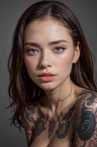 young adult girl, epic realism, natural makeup, soft eyebrow, grey hair, long hair, skinny body, medium breast, 4k, high detailed, blue eyes, eye focus, lip, piercing on side lip,nude tattoo, blue gradient background, upper-body, naked, looking viewer,frey4,4yu,pevit4,wul4n,4manda,cathwilson