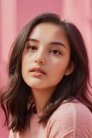 2016 Photo of a 16-year-old, mixed with Indian and White, Urban Outfitters model, with very long dark brown hair, hazel eyes, an alluring gaze, dynamic pose, pink background, mid-length shot, warm color tone, 35mm, shot on Kodak Ektar 100, realistic,perfect body, very sharp and detailed facial features, very detailed and glossy eyes, full glossy lips, detailed perfect face, very smooth natural skin, 16k, 32k, cinematic colour grading, perfect lighting, very detailed surroundings, soft focus, full body shot,ZeeJKT48,gh3a,ch3ls3a