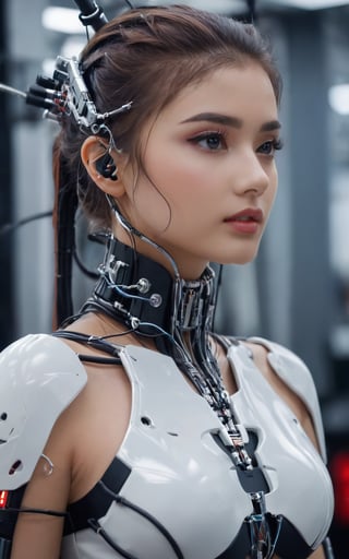 ((Full front shot)),(best quality),((an extremely delicate and beautiful)),((Chest covered)),cinematic light,(1mechanical girl),solo,((upper torso hanging by wires)),((Hanging by wires and tubes)),(machine made joints:1.2),((mechanical limbs)),(blood vessels connected to tubes),(mechanical vertebra attaching to back),((mechanical cervical attaching to neck)),(sitting),(chest covered),(wires and cables attaching to neck:1.2),(wires and cables on head:1.2),(character focus),science fiction,cyborg style,cyborg,ch3ls3a,gh3a
