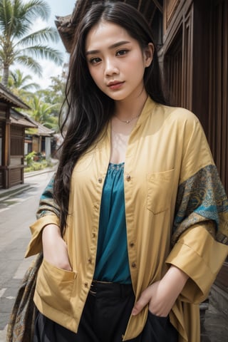 high quality, colorful, portrait, Detailed illustration of a woman with her hands in her pockets in a bohemian style outfit, by yukisakura, awesome full color, Realism, 1girl, most beautiful indonesian girl, indonesian beauty model, extremely detailed beautiful girl, stunningly beautiful girl, gorgeous girl, 30yo, looking at viewer, more detail,maw4r,frey4,s4str0,n4git4