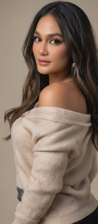 Generate hyper realistic image of a dark-skinned woman, her hourglass silhouette emphasized by the soft draping of an off-shoulder sweater. With her long black hair cascading down her back, she gazes directly at the viewer with a captivating smile, her lips parting slightly in a subtle expression of warmth. The sleeves of her sweater extend past her wrists, adding an elegant touch to her appearance and accentuating her graceful demeanor.,gh3a,b3rli,ch3ls3a,lun4