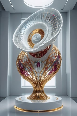 Front view of a museal sculpture displayed on a futuristic pedestal in the white room inside a futuristic museum. BREAK The artwork is an amazing and captivating glass abstract sculpture, with a sea nautilus shell, decorated with small rubies, (kinetic elements:1.4), glow, spark. Golden theme. Abstract fractal AI generated shape, sharp details, intricate and thick golden wireframes. Highest quality, detailed and intricate, original artwork, trendy, award-winning, artint, noc-wfhlgr, art_booster. BREAK wide shot, sharp focus, bright white room