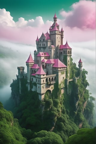 Highly detailed, photo-realistic, (Masterpiece), highest quality, 8k, HD, fantasy, old castle architecture, green jungle, pink roofs, thick fog, mystery, lush green, gloomy, Intense contrasts, surreal, 

add_more_creative