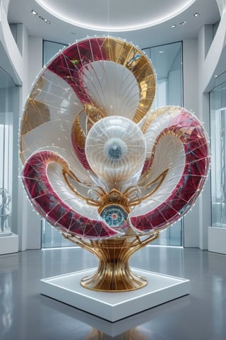 Front view of a museal sculpture displayed on a futuristic pedestal in the white room inside a futuristic museum. BREAK The artwork is an amazing and captivating glass abstract sculpture, with a sea nautilus shell, decorated with small rubies, (kinetic elements:1.4), glow, spark. Golden theme. Abstract fractal AI generated shape, sharp details, intricate and thick golden wireframes. Highest quality, detailed and intricate, original artwork, trendy, award-winning, artint, noc-wfhlgr, art_booster. BREAK wide shot, sharp focus, bright white room