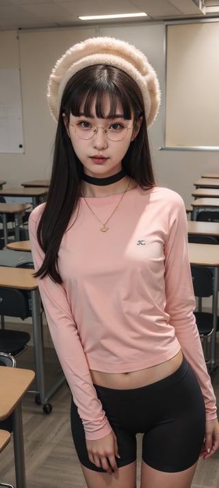 A 21-year-old Korean university student stands casually in a classroom setting, sporting long hair with straight blunt bangs and dimples. She wears a magenta cotton long sleeve t-shirt over black spandex side-stripe bike shorts, showcasing her petite physique and thigh gap. A choker adorns her neck, and her eyes are framed by eyeglasses. Her Douyin-inspired makeup accentuates her full lips and open mouth. The low-angle shot captures the cute hat atop her head and the AegyoSal-inspired ulzzang vibes as she strikes a pose.