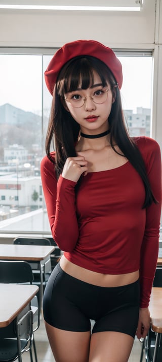 A 21-year-old Korean university student stands casually in a classroom setting, sporting long hair with straight blunt bangs and dimples. She wears a magenta cotton long sleeve t-shirt over black spandex bike shorts, showcasing her petite physique and thigh gap. A choker adorns her neck, and her eyes are framed by eyeglasses. Her Douyin-inspired makeup accentuates her full lips and open mouth. The low-angle shot captures the cute hat atop her head and the AegyoSal-inspired ulzzang vibes as she strikes a pose.