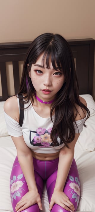 1girl, korean, wife,stinky sweaty after excercising,(highly floral pattern magenta leggings, long anime-ahegao-face tshirt top:1.2), (UWU),hyper realistic,pouting,(long Black Hair with Purple inner-dyed),freckles,grey eyes,chocker,side pose but looking at camera,bokeh,cute uwu girls room,seductively sitting on edge of bed,leg_grab,visible cameltoe,viewed from above,pink eyeliner,amblyopia,intense-gaze,thunder_thighs,douyin_makeup